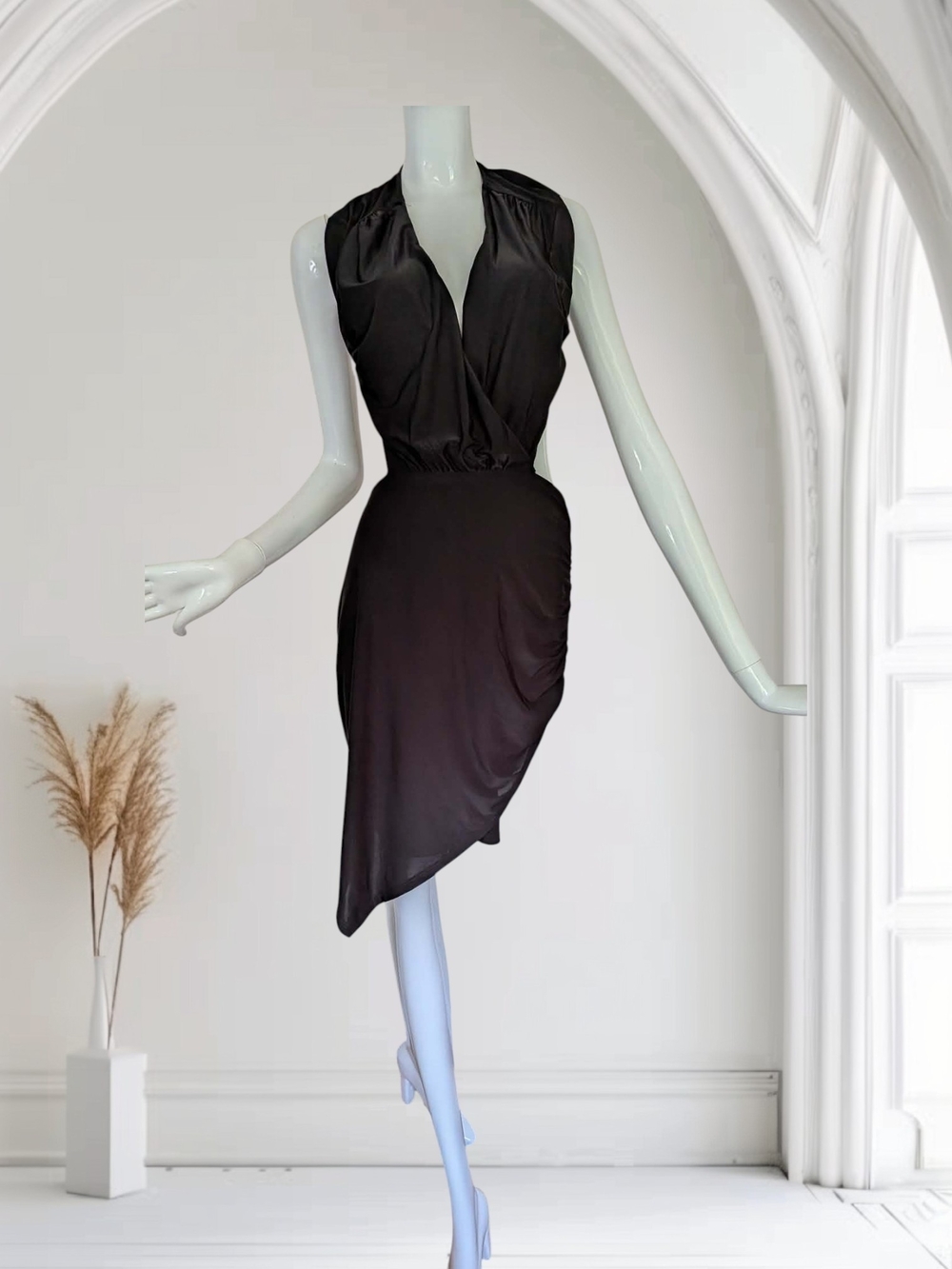 Revamped Black Asymmetrical Draped V-Neck Dress